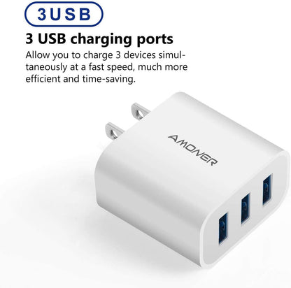 2-Pack 15W 3-Port USB Wall Charger – Compact Fast Charging Adapter for iPhone, Samsung & Android