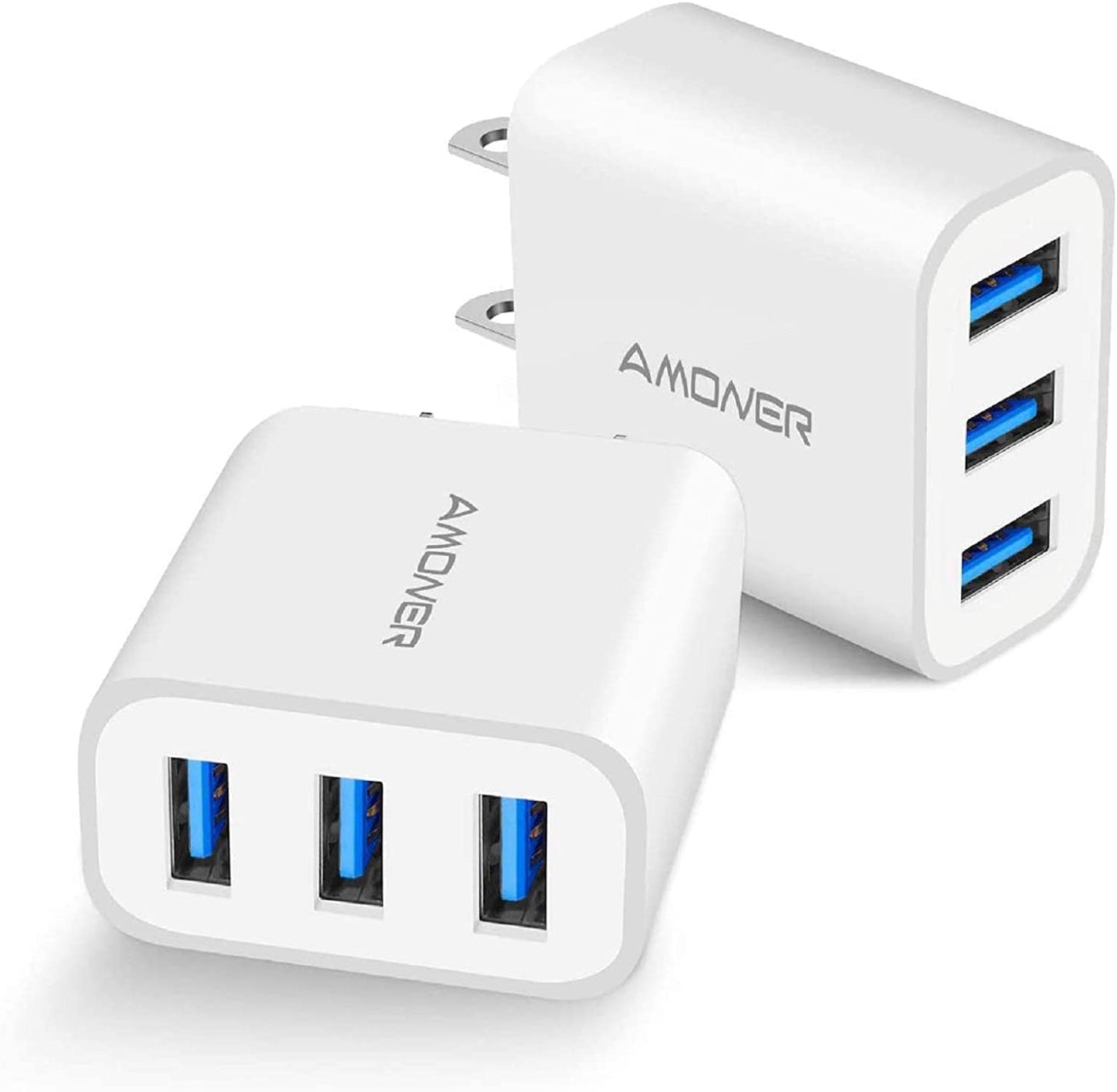 2-Pack 15W 3-Port USB Wall Charger – Compact Fast Charging Adapter for iPhone, Samsung & Android