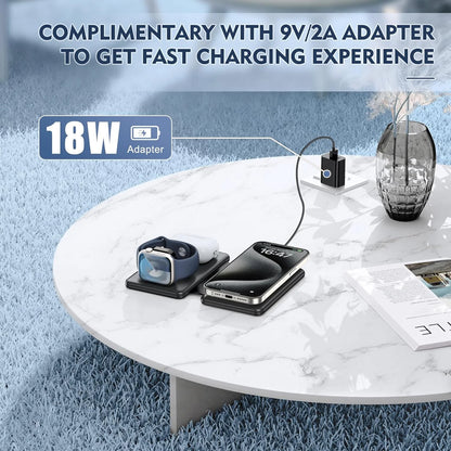 3-in-1 Foldable Wireless Charging Station for iPhone, Apple Watch & AirPods – Black