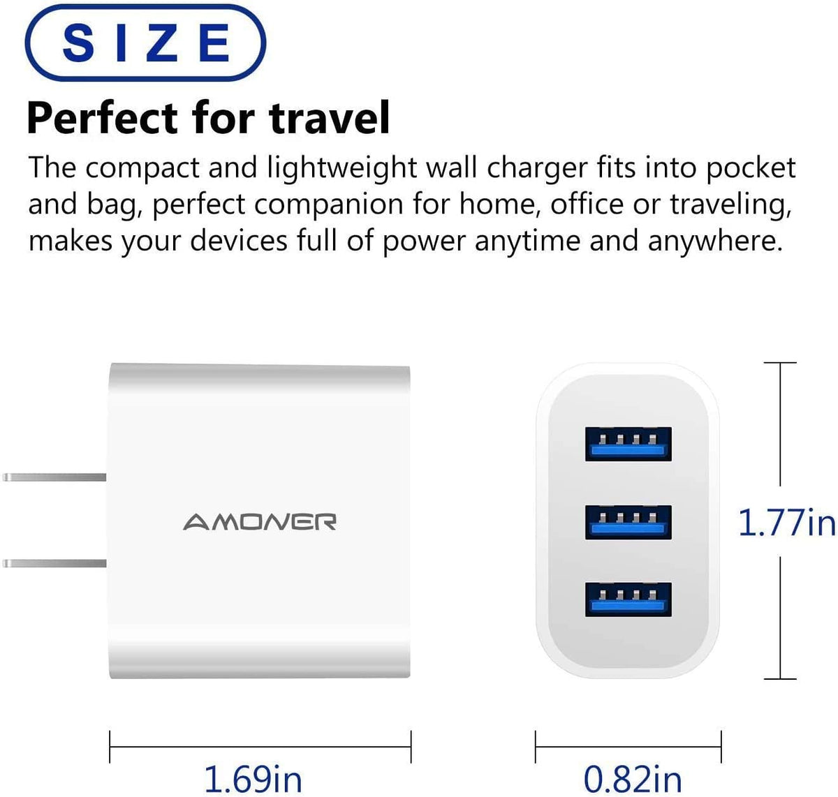 2-Pack 15W 3-Port USB Wall Charger – Compact Fast Charging Adapter for iPhone, Samsung & Android