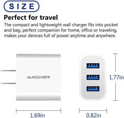 2-Pack 15W 3-Port USB Wall Charger – Compact Fast Charging Adapter for iPhone, Samsung & Android