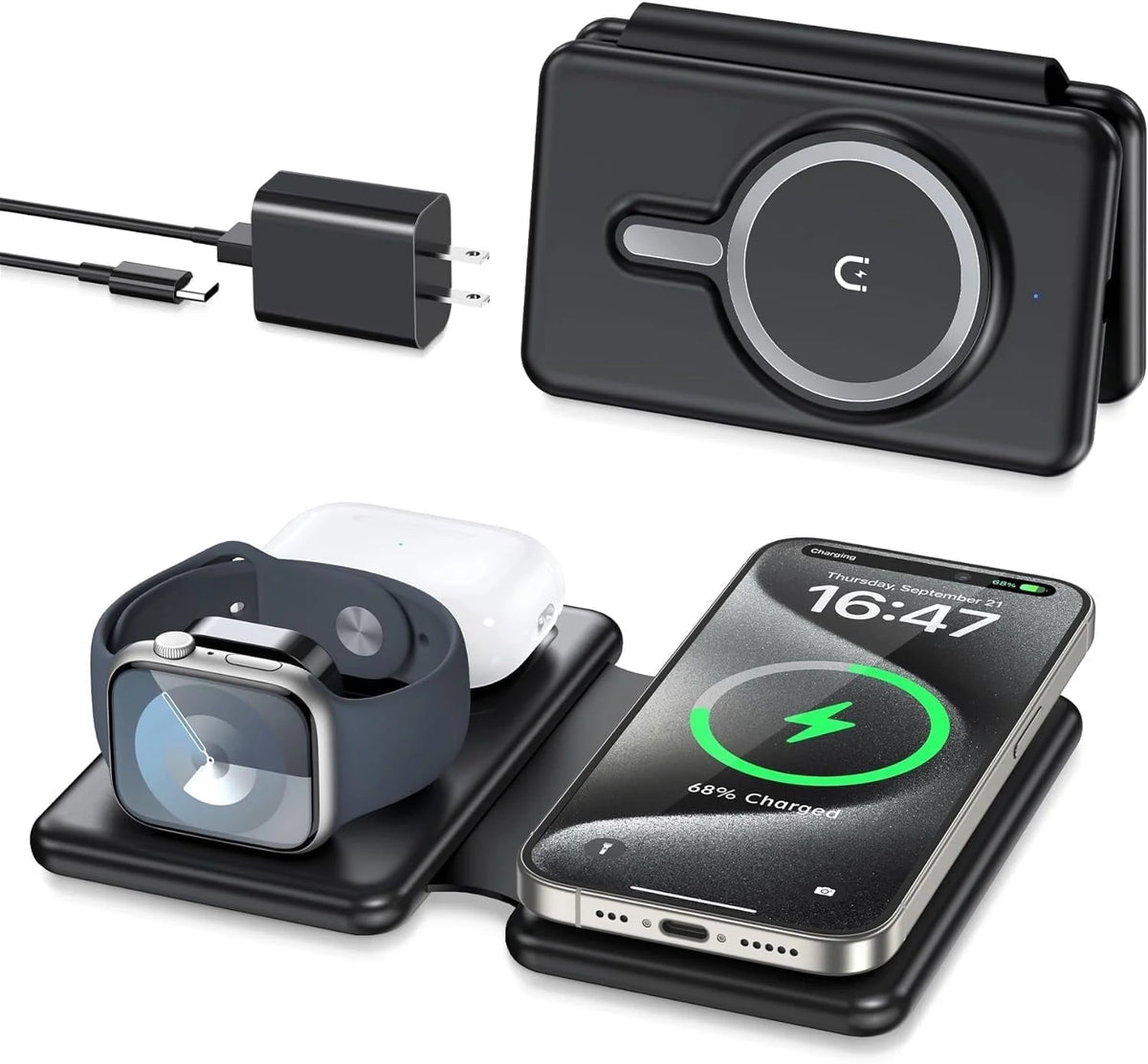 3-in-1 Foldable Wireless Charging Station for iPhone, Apple Watch & AirPods – Black