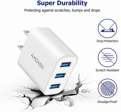 2-Pack 15W 3-Port USB Wall Charger – Compact Fast Charging Adapter for iPhone, Samsung & Android