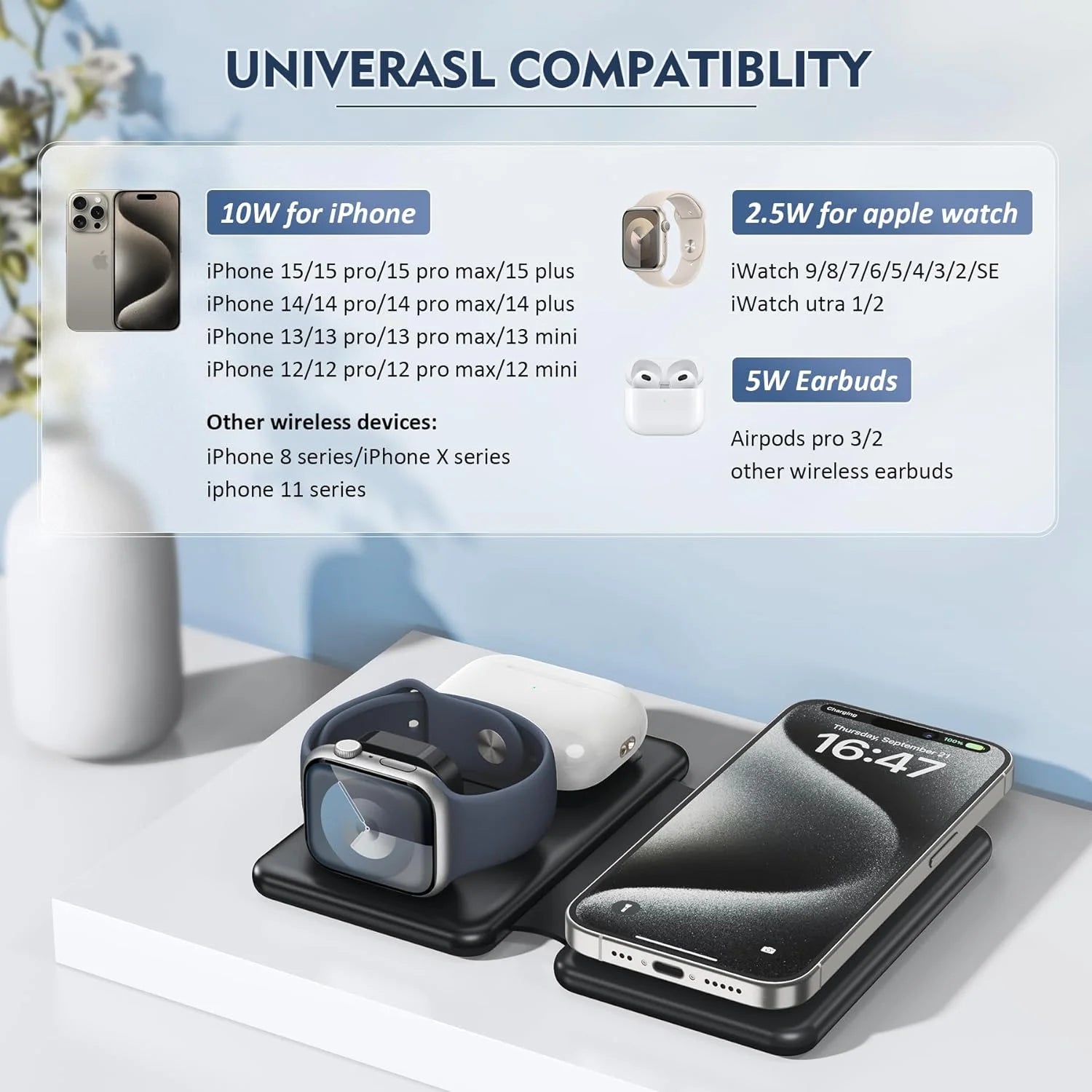 3-in-1 Foldable Wireless Charging Station for iPhone, Apple Watch & AirPods – Black