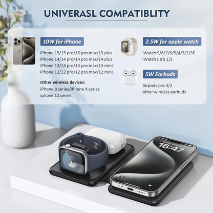 3-in-1 Foldable Wireless Charging Station for iPhone, Apple Watch & AirPods – Black