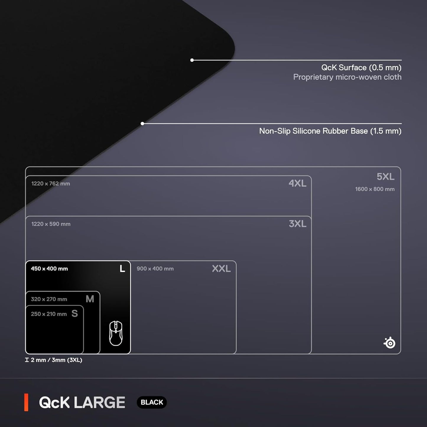 SteelSeries QcK Large Gaming Mouse Pad – Black – Non-Slip Rubber Base, 490 × 420 mm