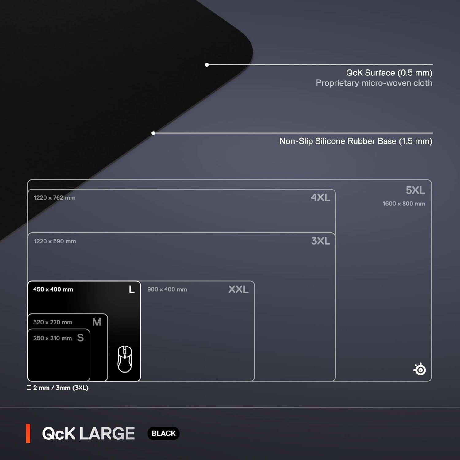 SteelSeries QcK Large Gaming Mouse Pad – Black – Non-Slip Rubber Base, 490 × 420 mm
